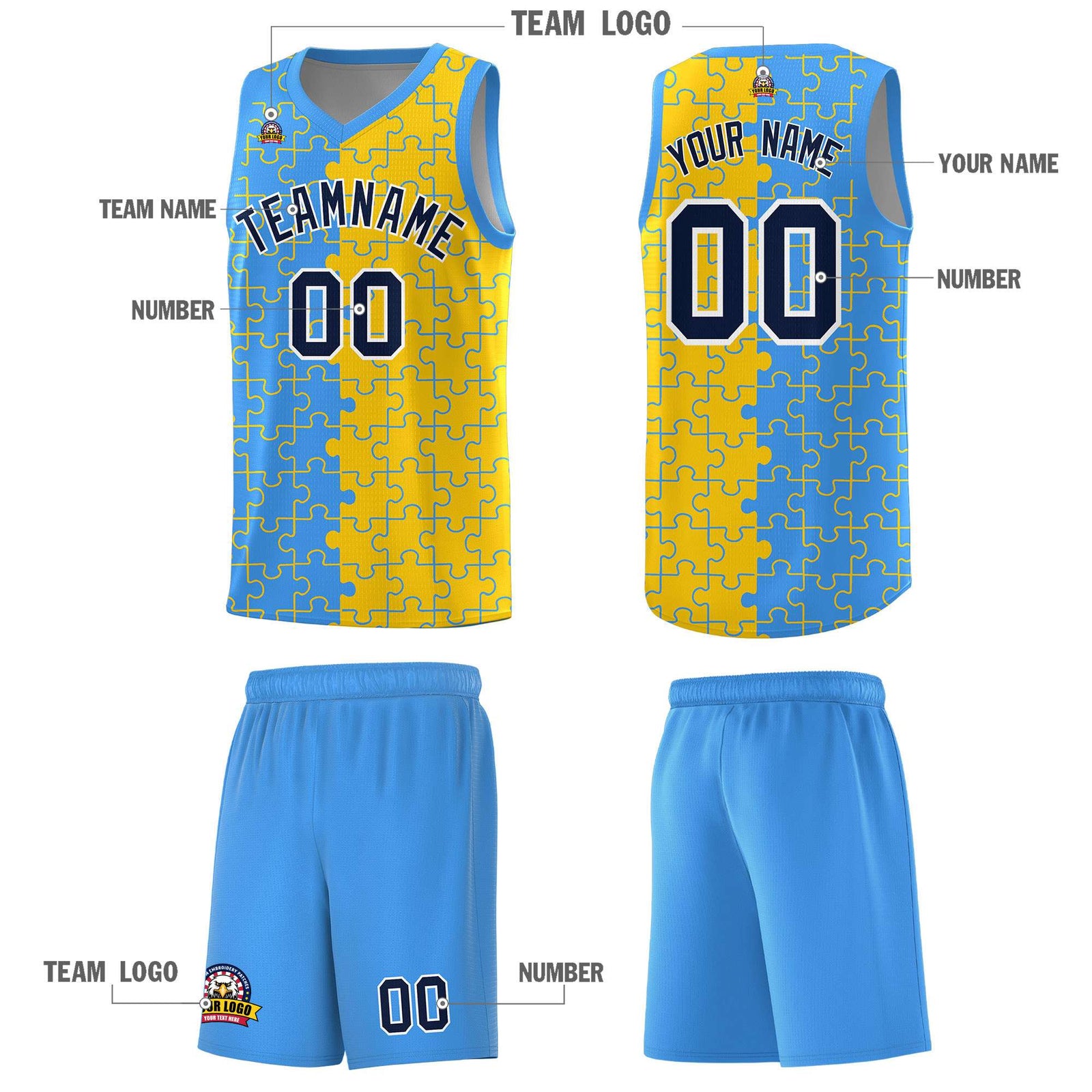 Custom Youth Basketball Jersey Light Blue Gold Puzzle Pattern Add Name, Number & Team Logo