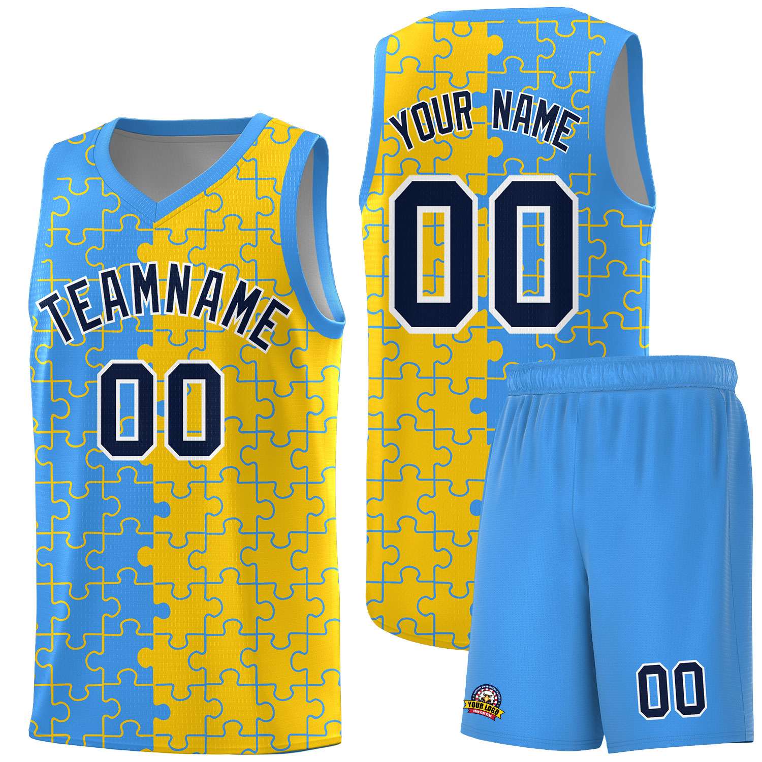 Custom Youth Basketball Jersey Light Blue Gold Puzzle Pattern Add Name, Number & Team Logo