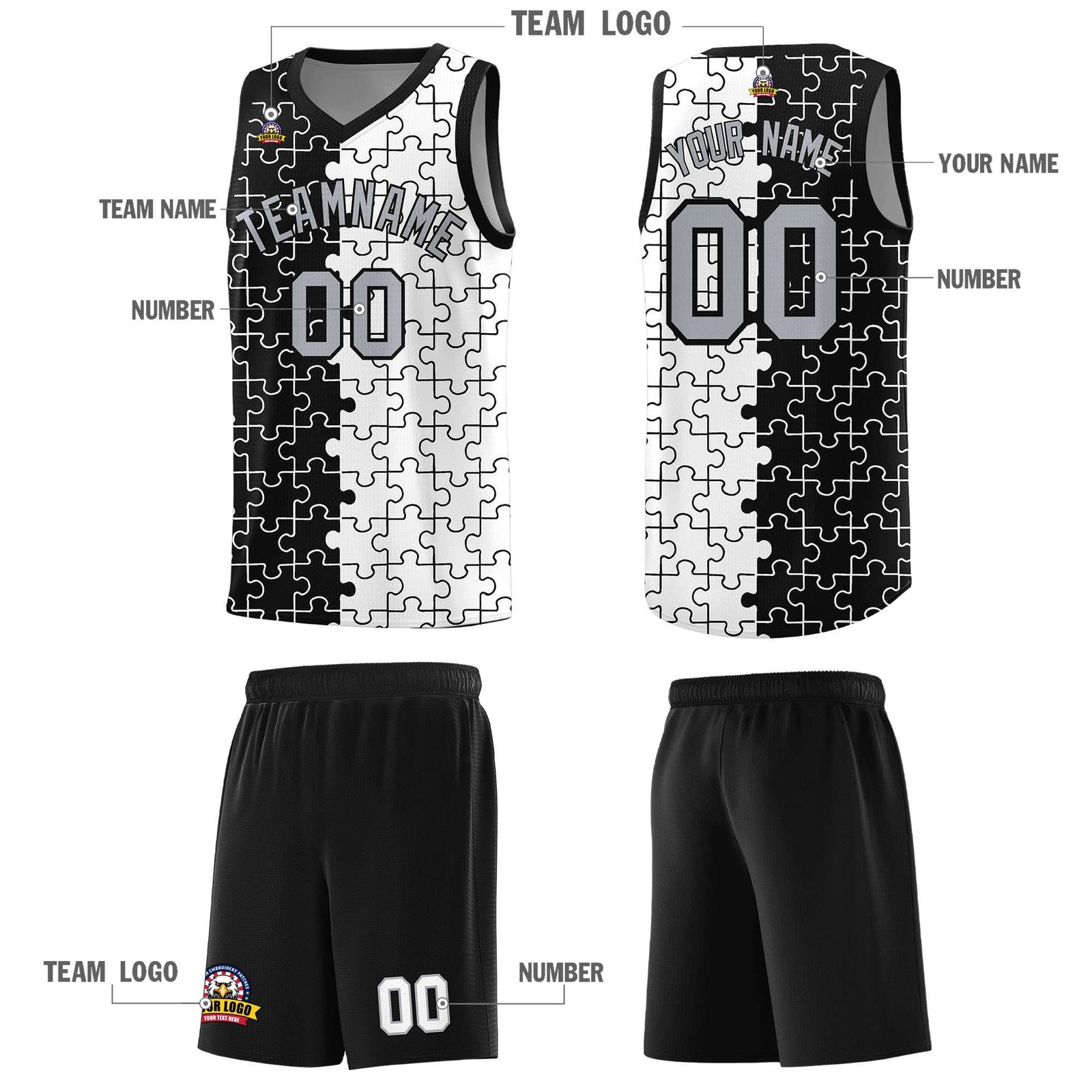 Custom Youth Basketball Jersey Black White Puzzle Pattern Breathable Team Uniform