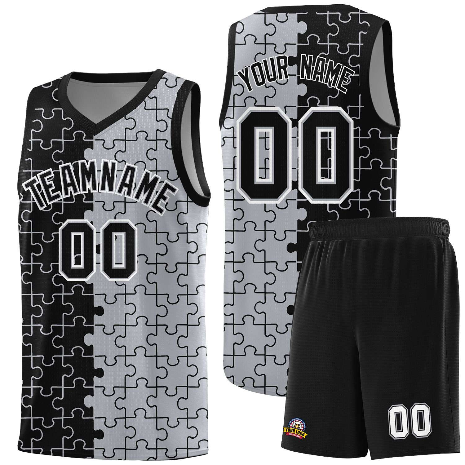 Custom Youth Basketball Jersey Black Gray Puzzle Pattern Moisture-Wicking Team Uniform