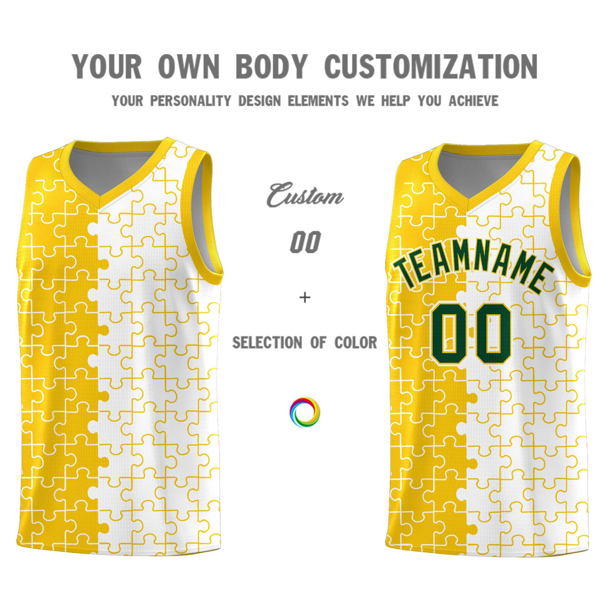 Custom Youth Basketball Jersey Gold White Puzzle Pattern Add Name, Number &amp; Team Logo