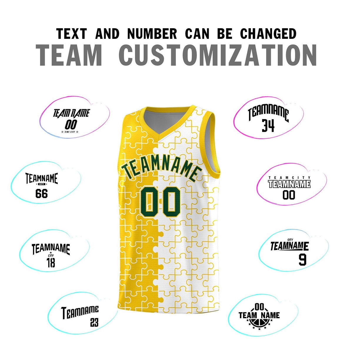 Custom Youth Basketball Jersey Gold White Puzzle Pattern Add Name, Number &amp; Team Logo