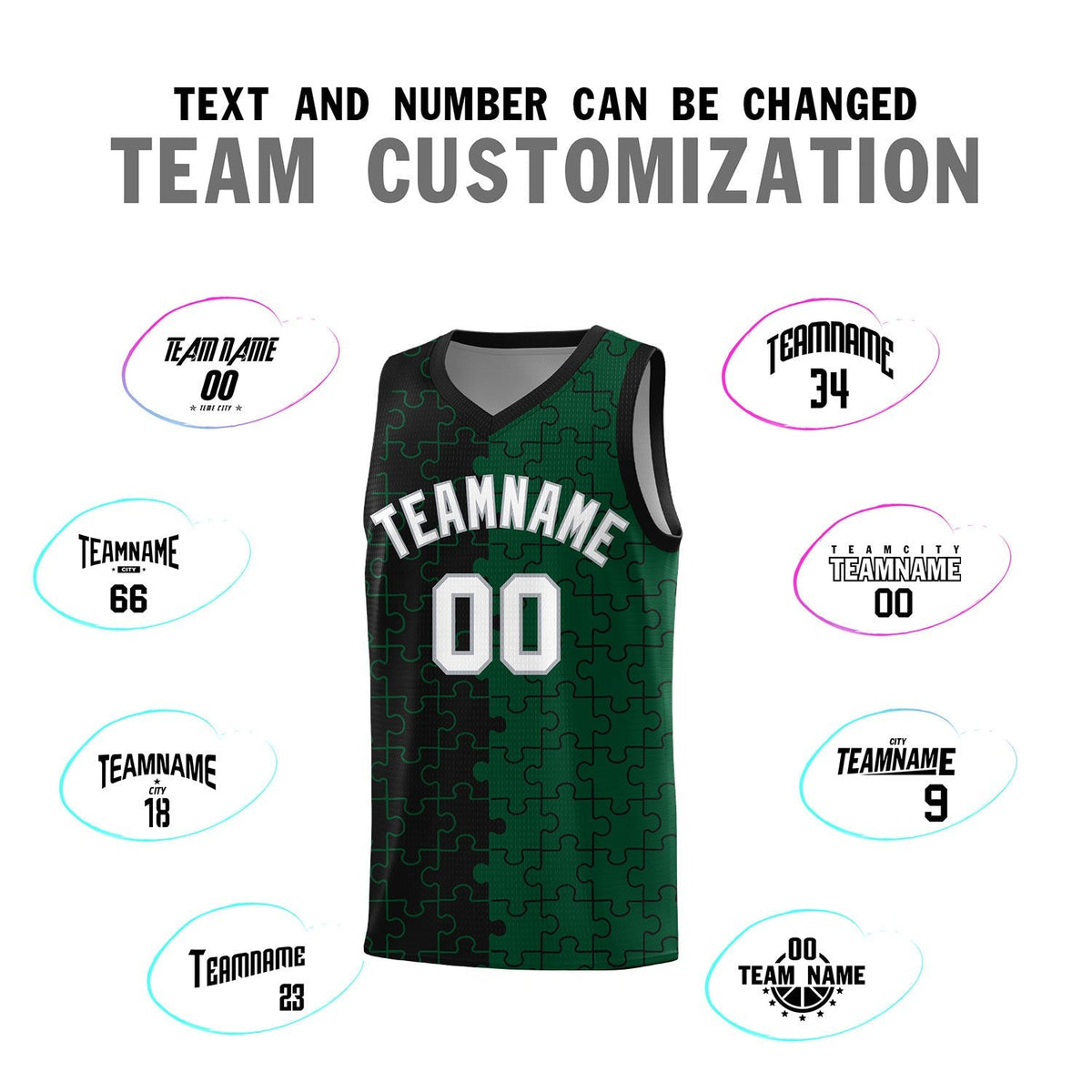 Custom Youth Basketball Jersey Black Green Puzzle Pattern Breathable Team Uniform