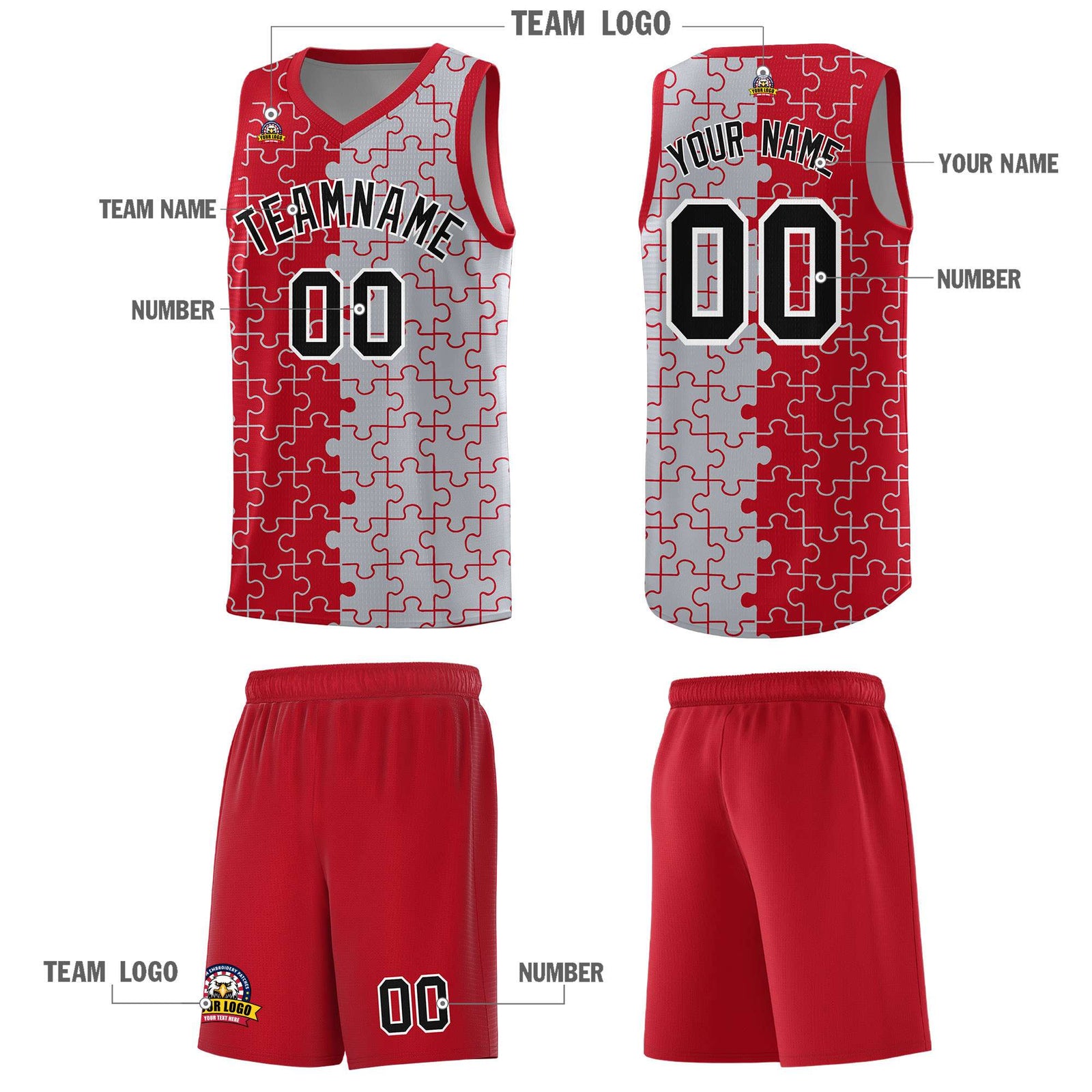 Custom Youth Basketball Jersey Red Gray Puzzle Pattern Add Name, Number & Team Logo