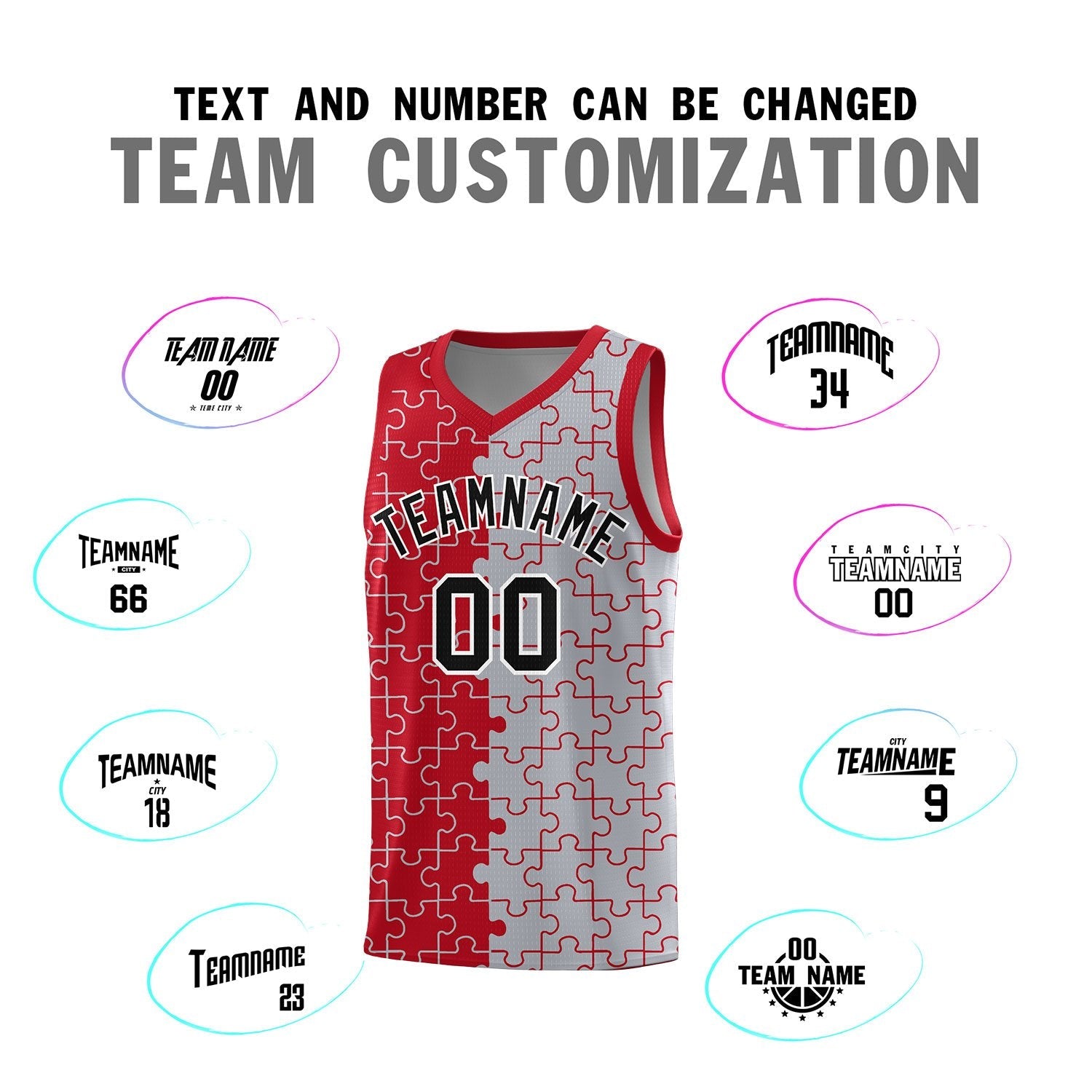 Custom Youth Basketball Jersey Red Gray Puzzle Pattern Add Name, Number & Team Logo