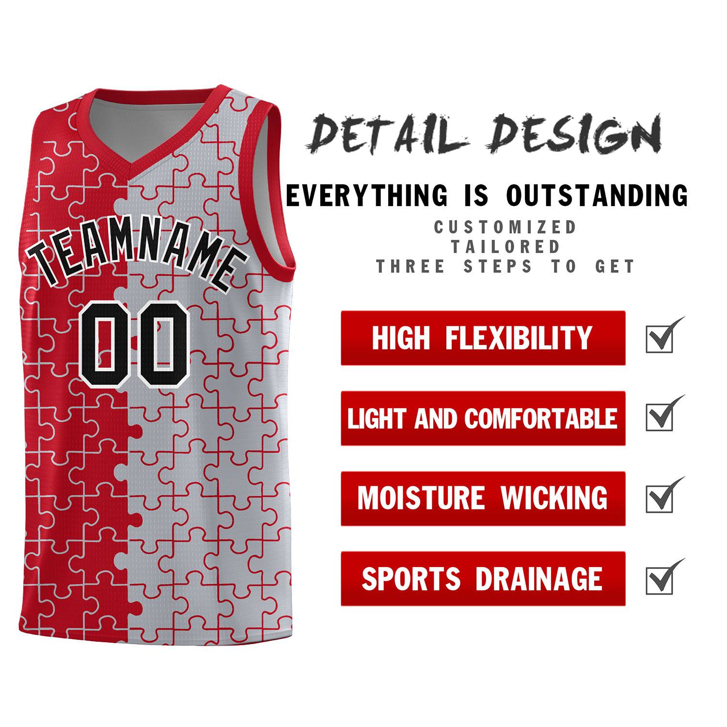 Custom Youth Basketball Jersey Red Gray Puzzle Pattern Add Name, Number & Team Logo
