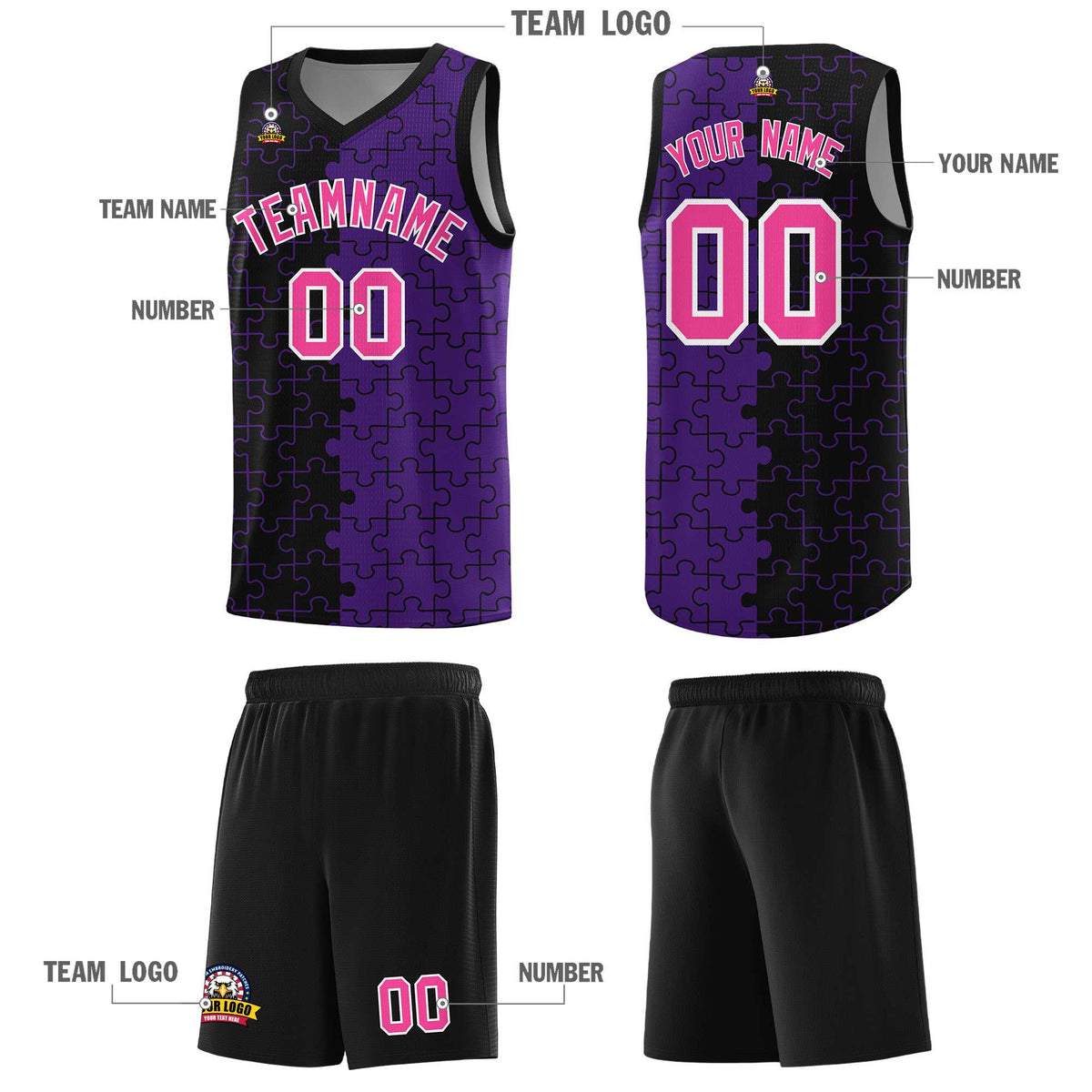Custom Youth Basketball Jersey Black Purple Puzzle Pattern Personalized Team Uniform