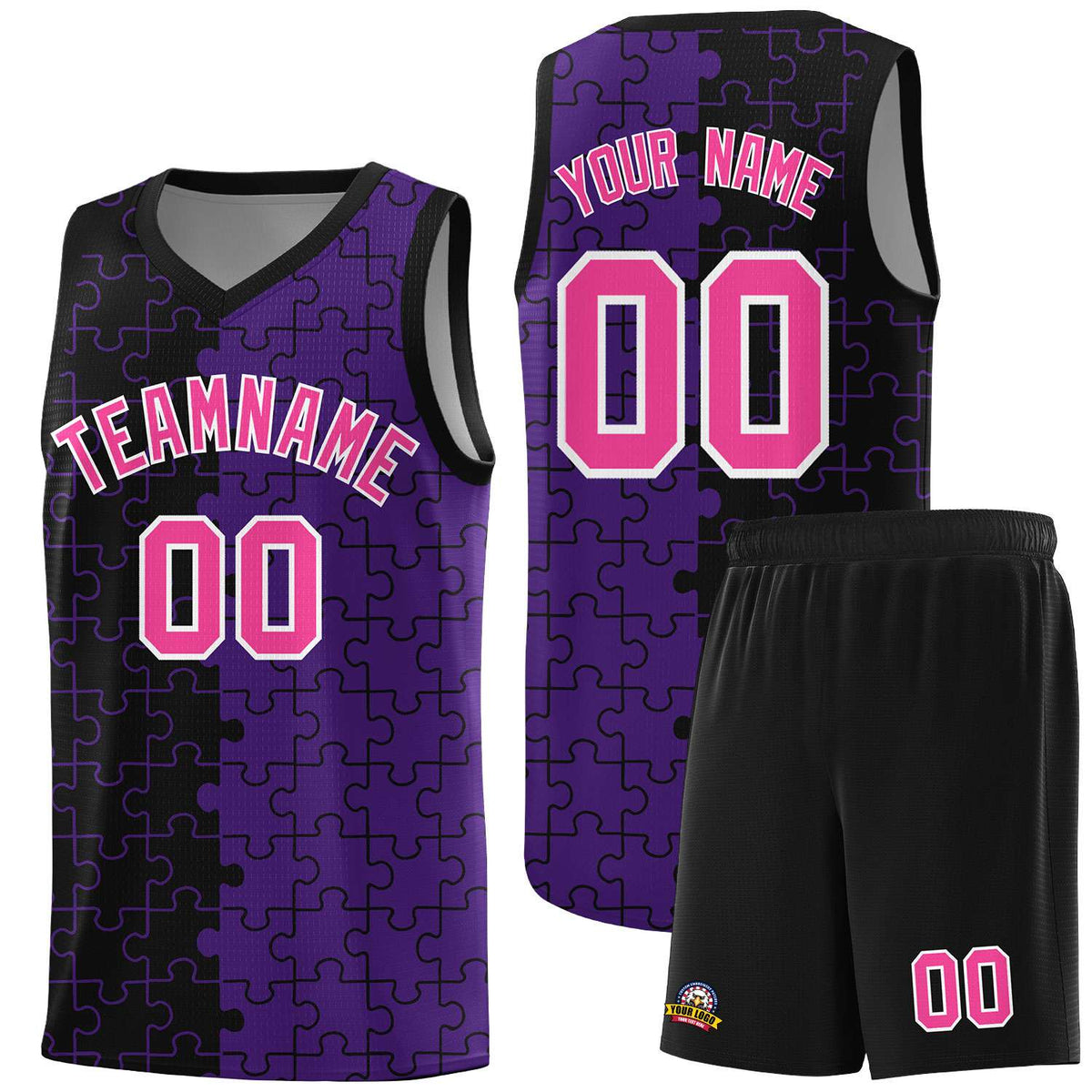 Custom Youth Basketball Jersey Black Purple Puzzle Pattern Personalized Team Uniform