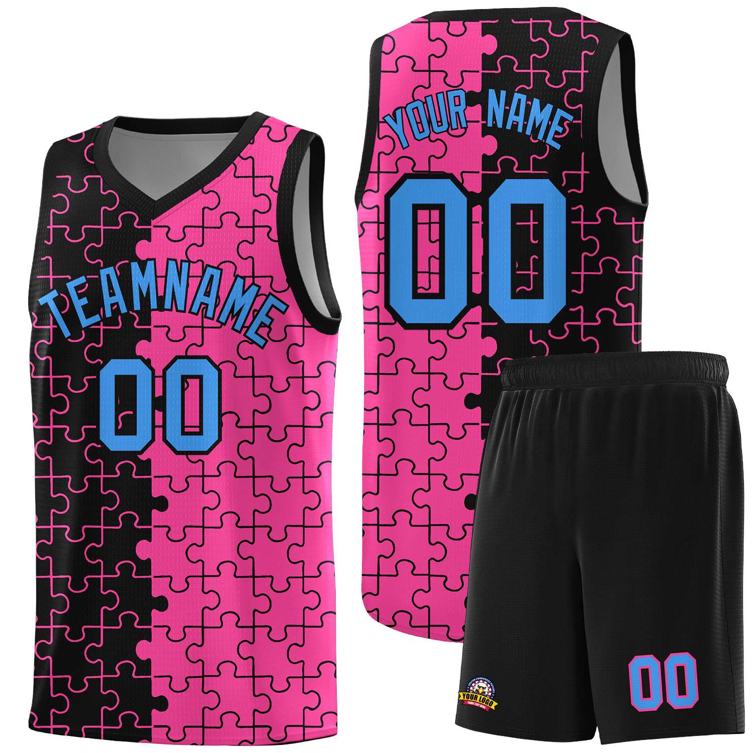 Custom Youth Basketball Jersey Black Pink Puzzle Pattern Add Name, Number & Team Logo