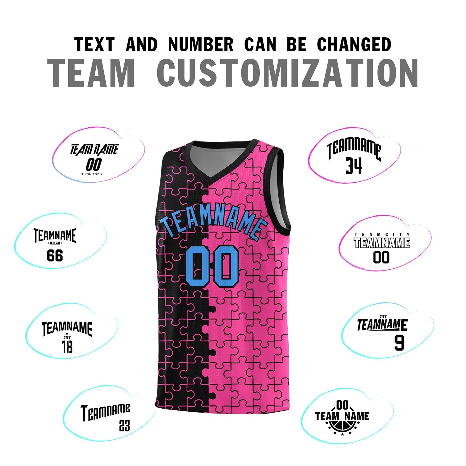 Custom Youth Basketball Jersey Black Pink Puzzle Pattern Add Name, Number & Team Logo