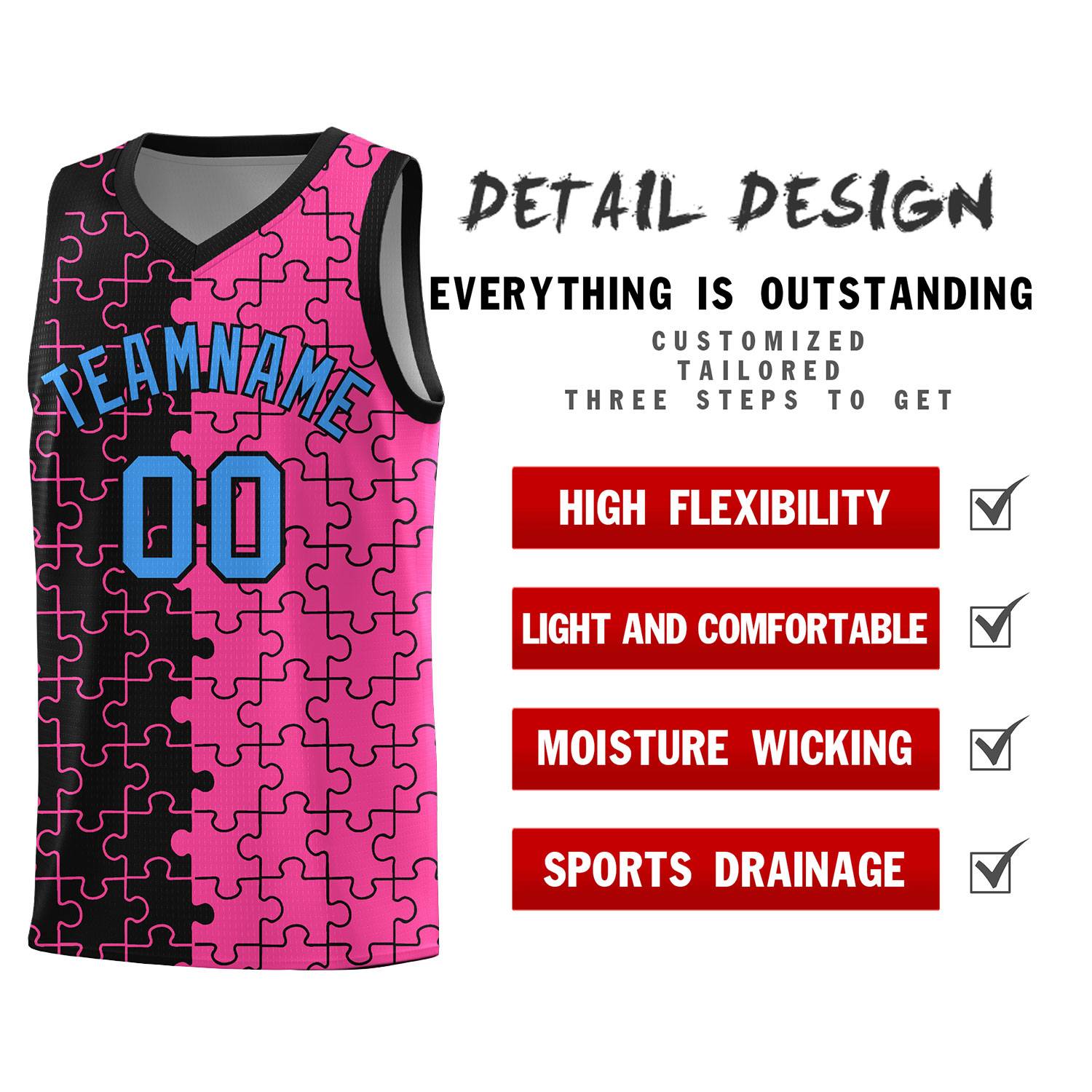 Custom Youth Basketball Jersey Black Pink Puzzle Pattern Add Name, Number & Team Logo