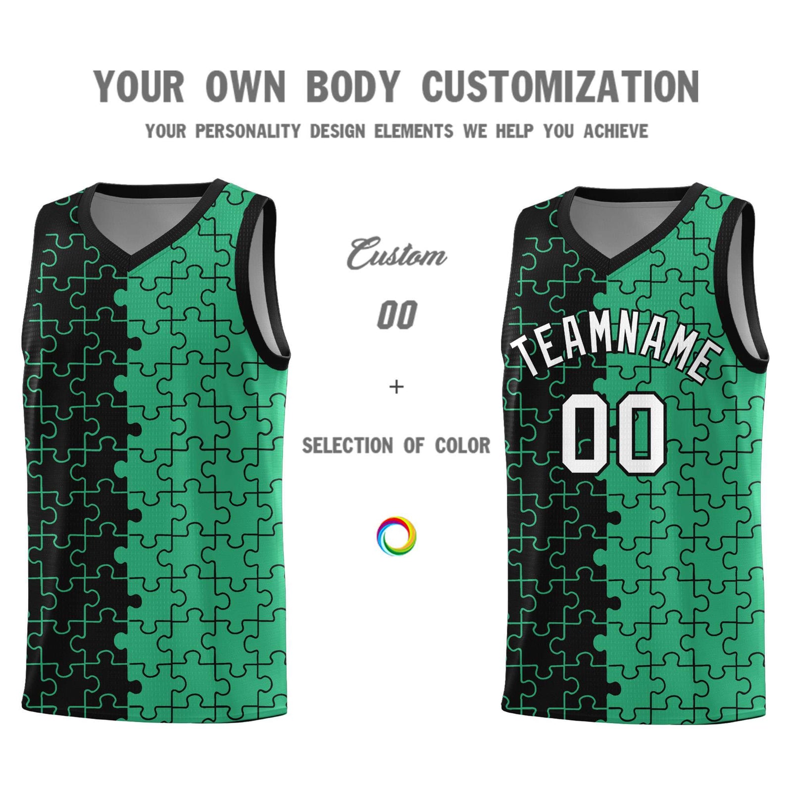 Custom Youth Basketball Jersey Black Green Puzzle Pattern Personalized Team Uniform