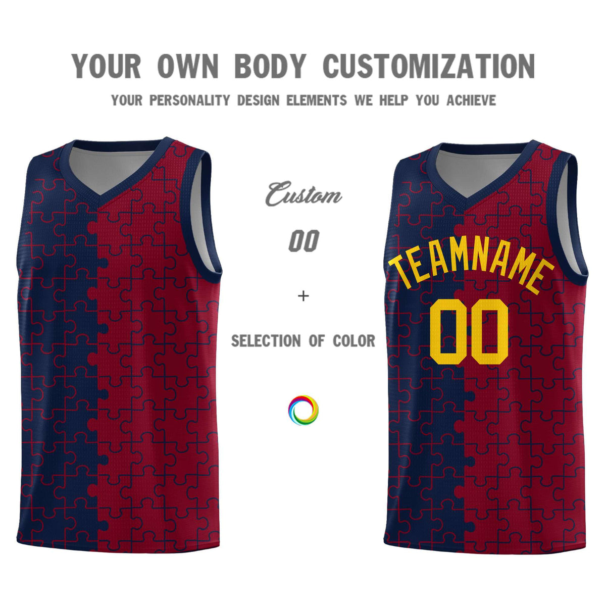 Custom Youth Basketball Jersey Navy Crimson Puzzle Pattern Personalized Team Uniform