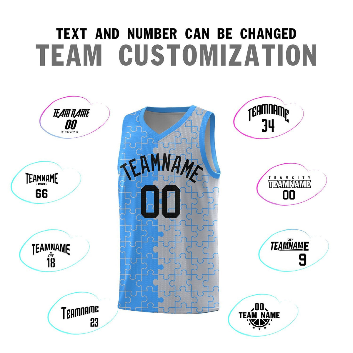 Custom Youth Basketball Jersey Light Blue Gray Puzzle Pattern Add Name, Number &amp; Team Logo