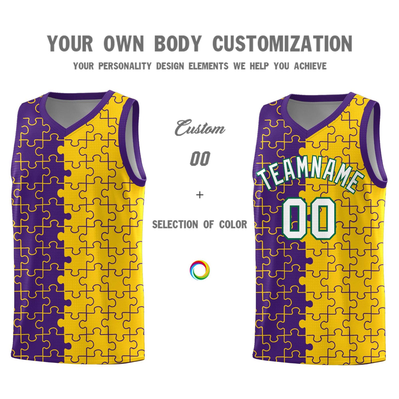 Custom Youth Basketball Jersey Purple Gold Puzzle Pattern Personalized Team Uniform