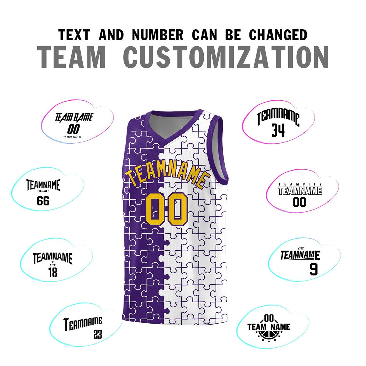 Custom Youth Basketball Jersey Purple White Puzzle Pattern Add Name, Number &amp; Team Logo