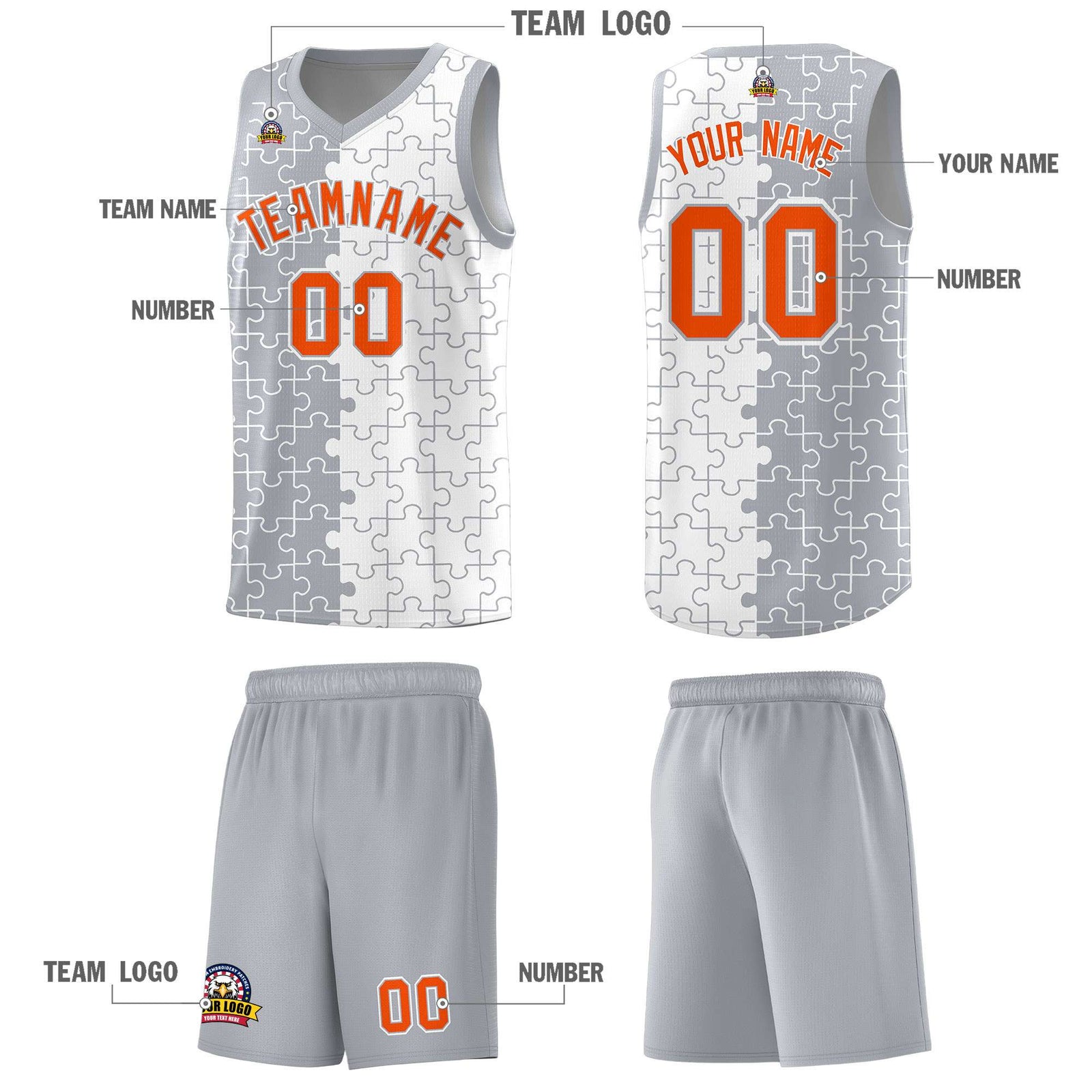 Custom Youth Basketball Jersey Gray White Puzzle Pattern Breathable Team Uniform