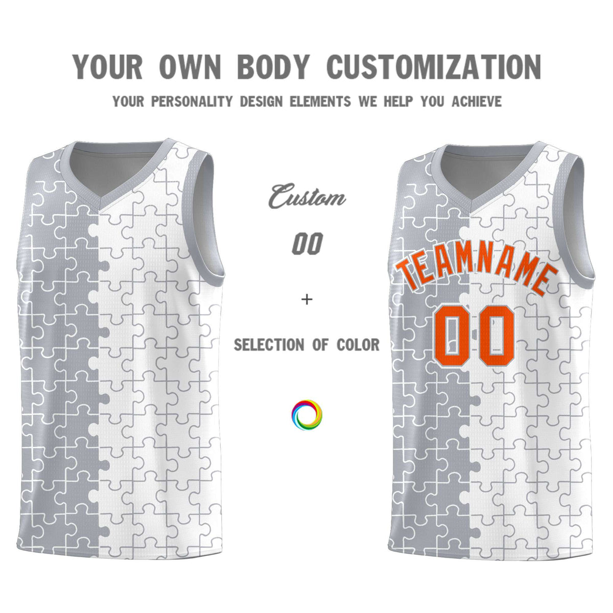 Custom Youth Basketball Jersey Gray White Puzzle Pattern Breathable Team Uniform