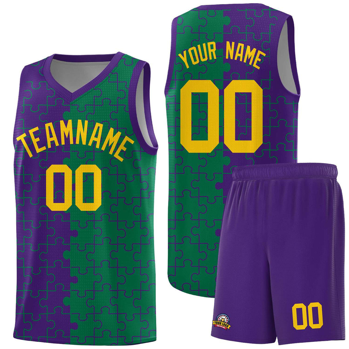 Custom Youth Basketball Jersey Purple Kelly Green Puzzle Pattern Breathable Team Uniform