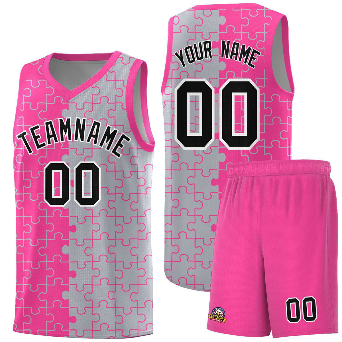 Custom Youth Basketball Jersey Pink Gray Puzzle Pattern Personalized Team Uniform