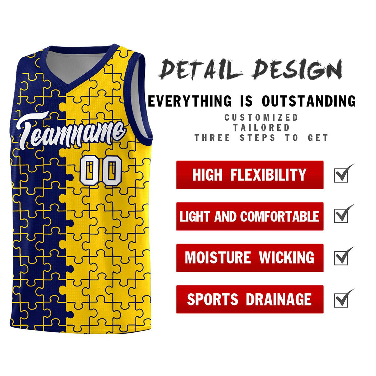 Custom Youth Basketball Jersey Navy Gold Puzzle Pattern Personalized Team Uniform