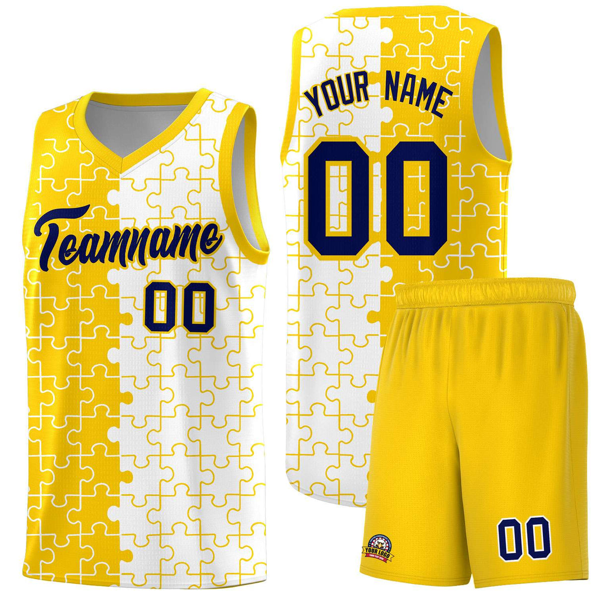 Custom Youth Basketball Jersey Gold White Puzzle Pattern Add Name, Number &amp; Team Logo