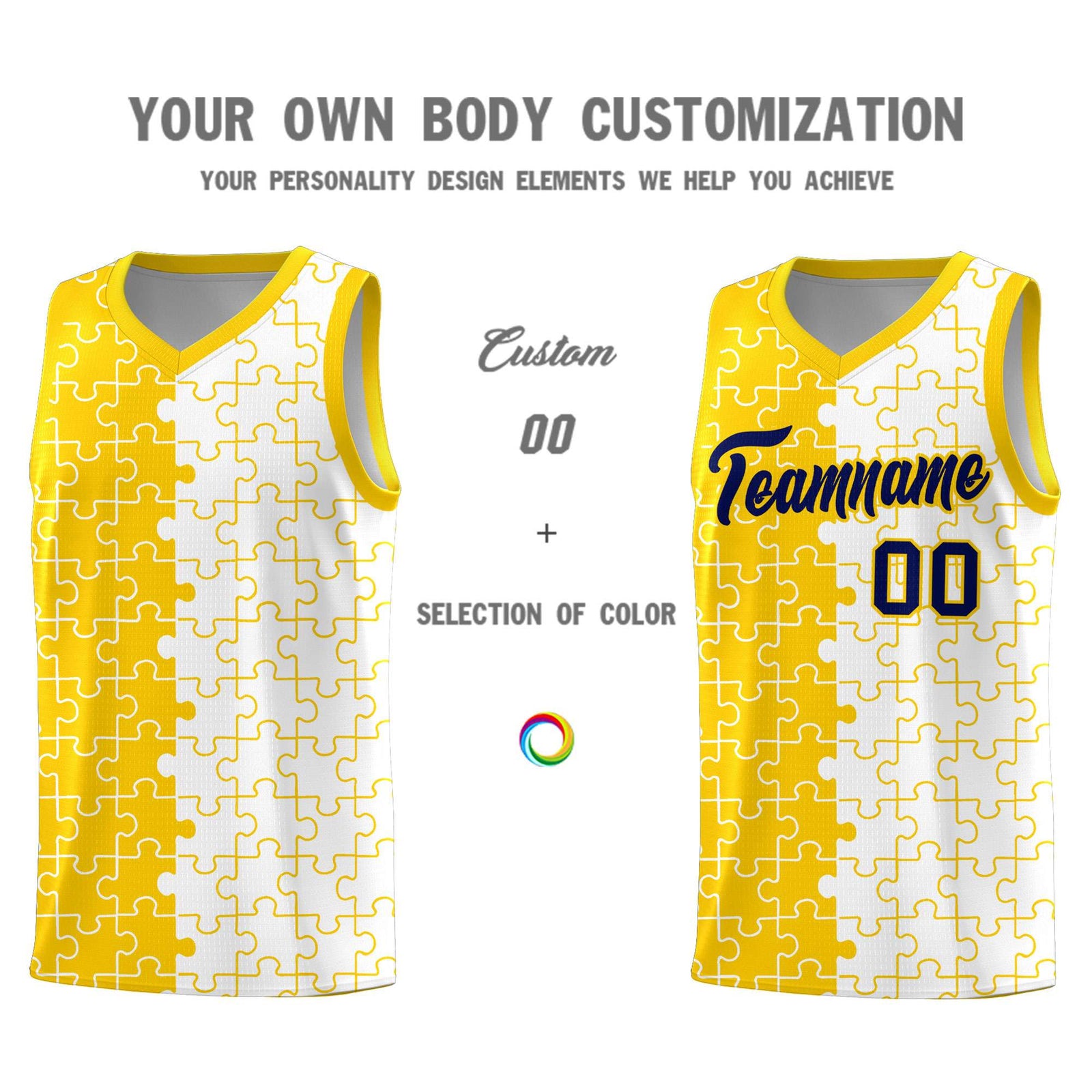 Custom Youth Basketball Jersey Gold White Puzzle Pattern Add Name, Number & Team Logo
