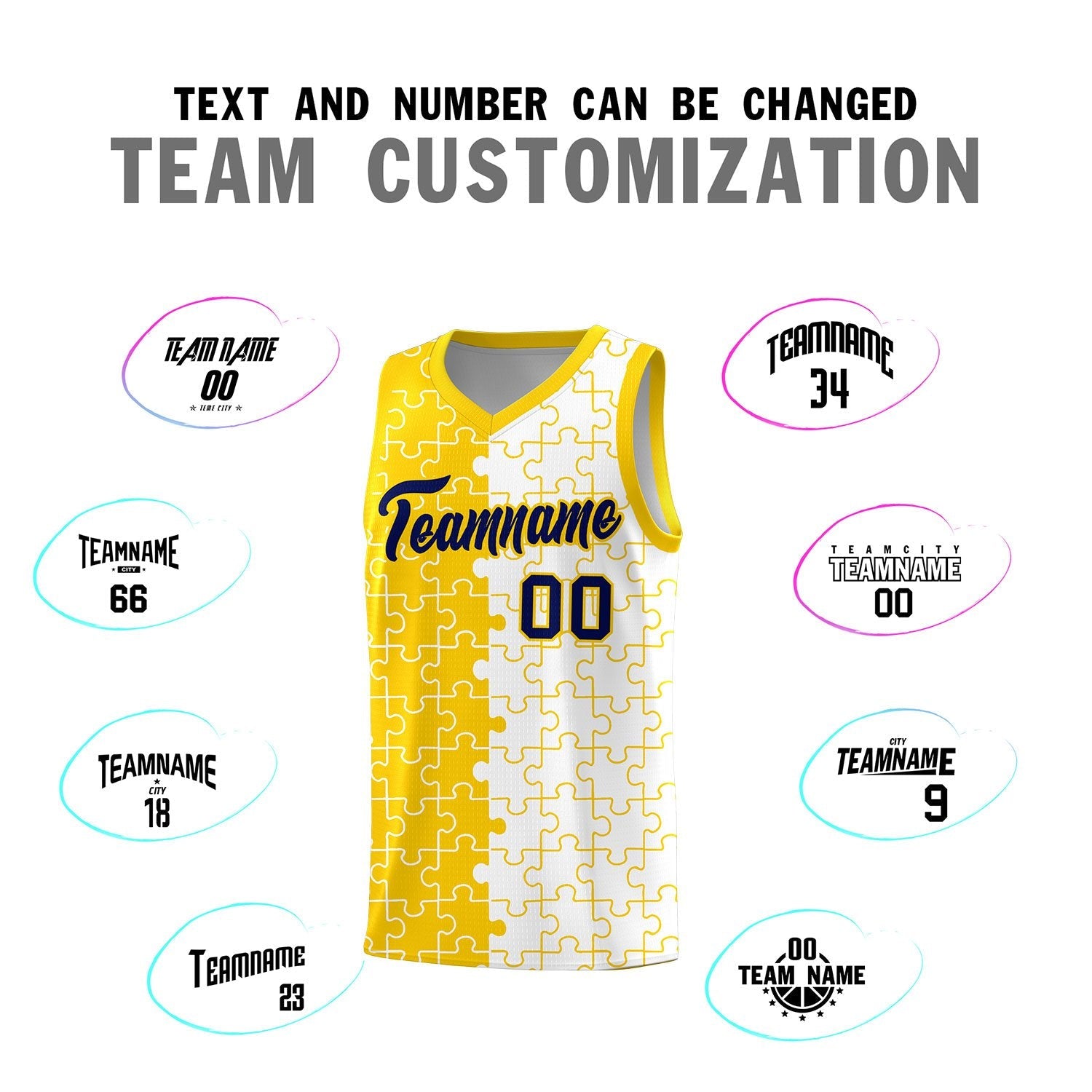 Custom Youth Basketball Jersey Gold White Puzzle Pattern Add Name, Number & Team Logo
