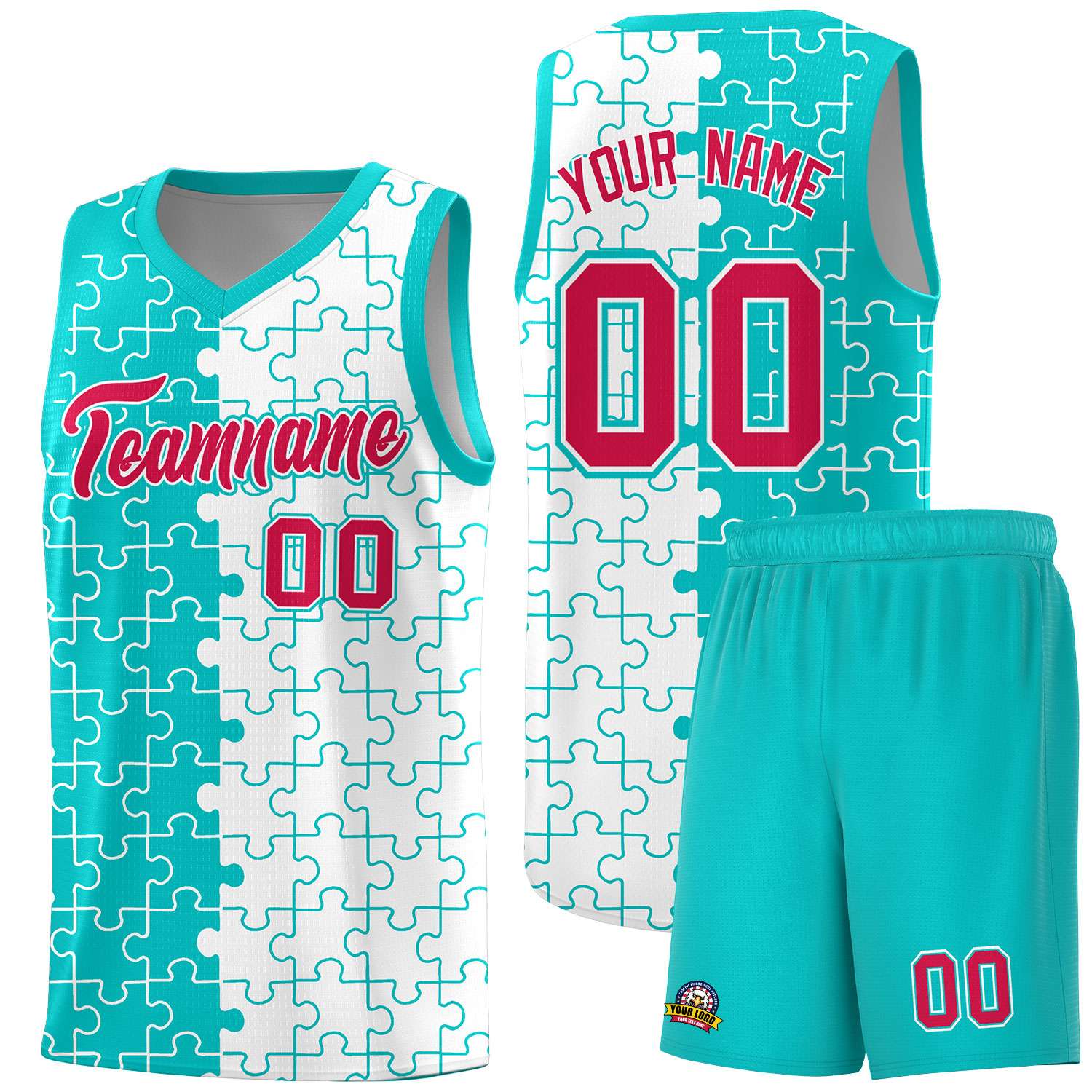 Custom Youth Basketball Jersey Aqua White Puzzle Pattern Personalized Team Uniform