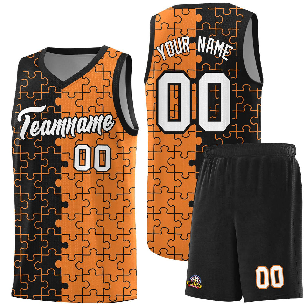 Custom Youth Basketball Jersey Black Gold Orange Puzzle Pattern Add Name, Number &amp; Team Logo