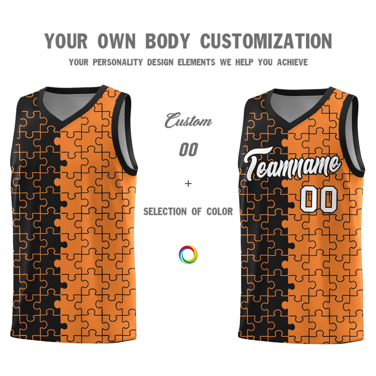 Custom Youth Basketball Jersey Black Gold Orange Puzzle Pattern Add Name, Number & Team Logo