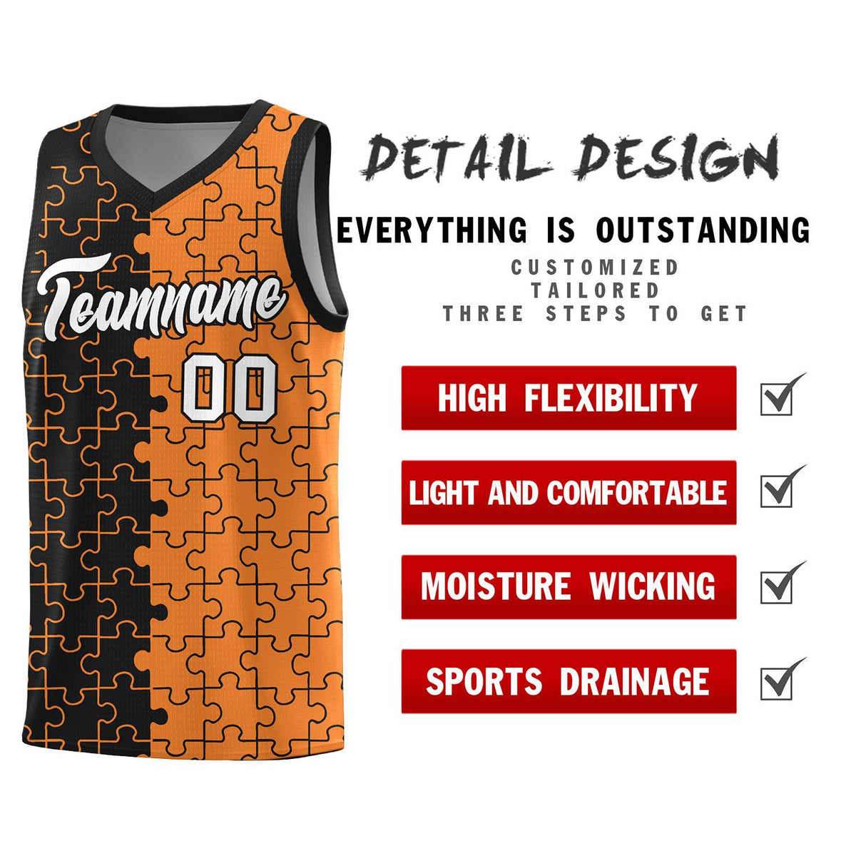 Custom Youth Basketball Jersey Black Gold Orange Puzzle Pattern Add Name, Number &amp; Team Logo