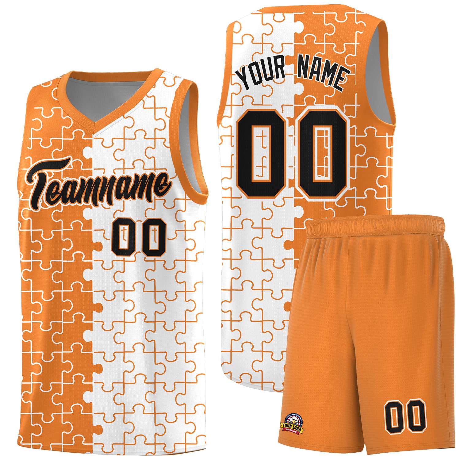 Custom Youth Basketball Jersey Gold Orange White Puzzle Pattern Breathable Team Uniform