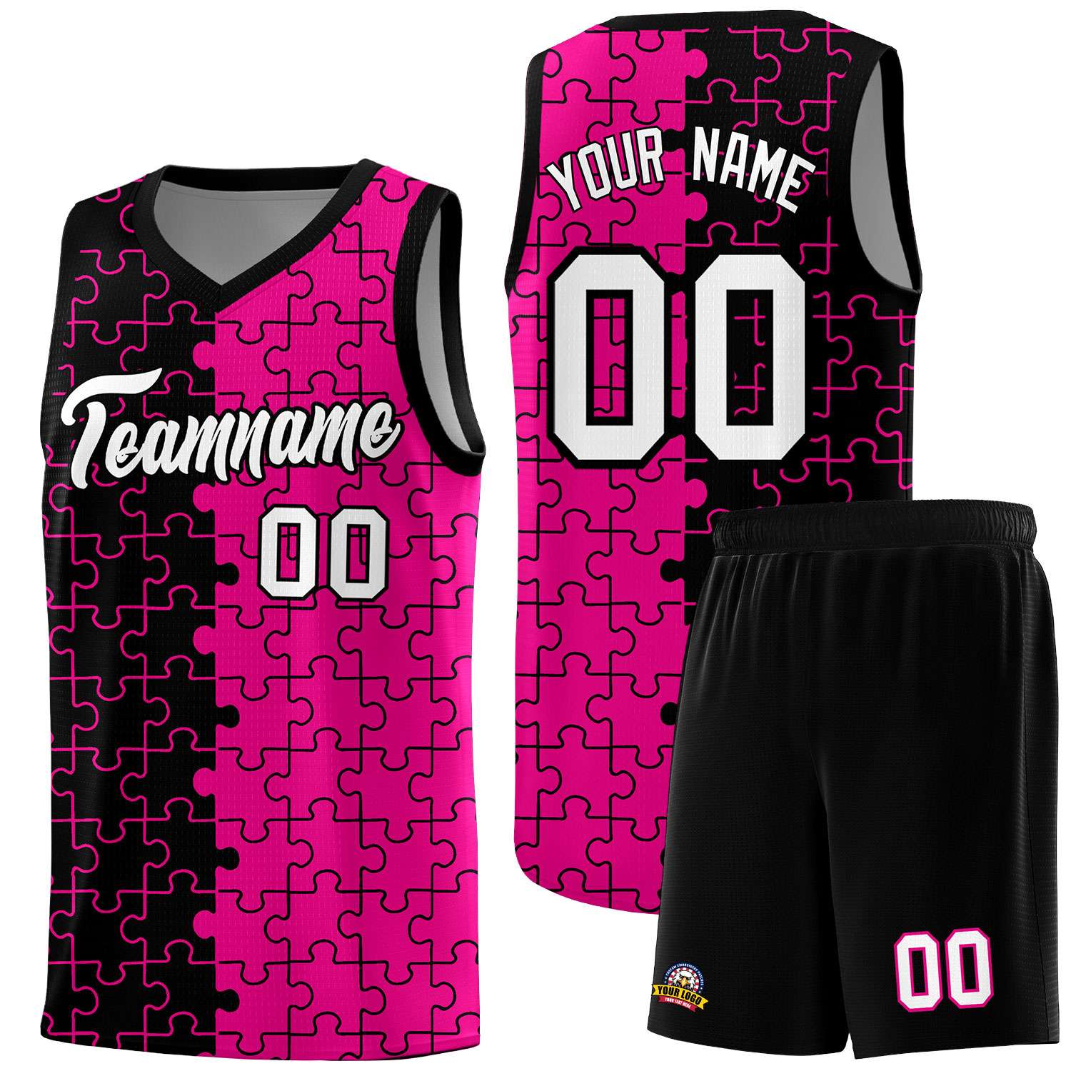 Custom Youth Basketball Jersey Black Pink Puzzle Pattern Moisture-Wicking Team Uniform