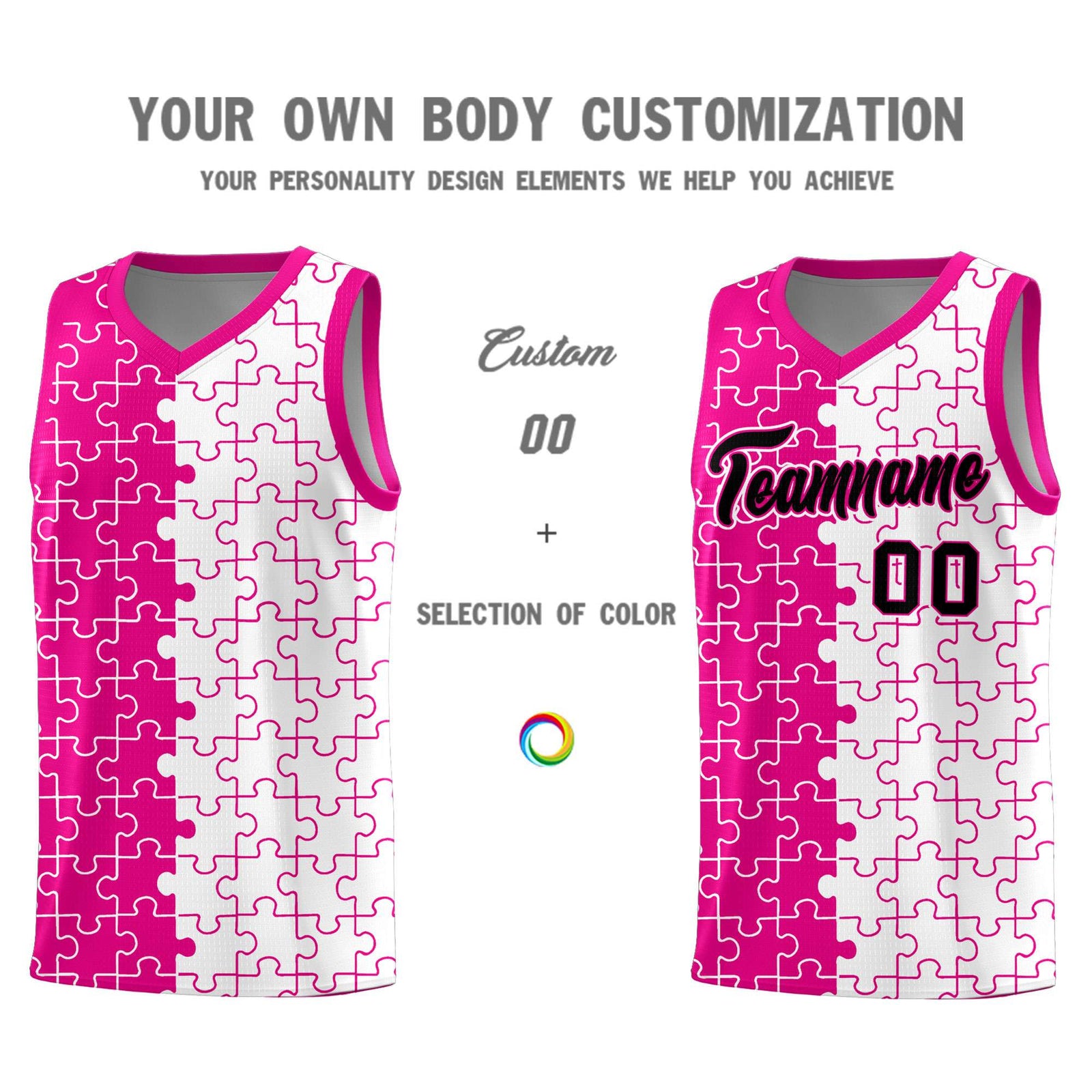 Custom Youth Basketball Jersey Pink White Puzzle Pattern Personalized Team Uniform