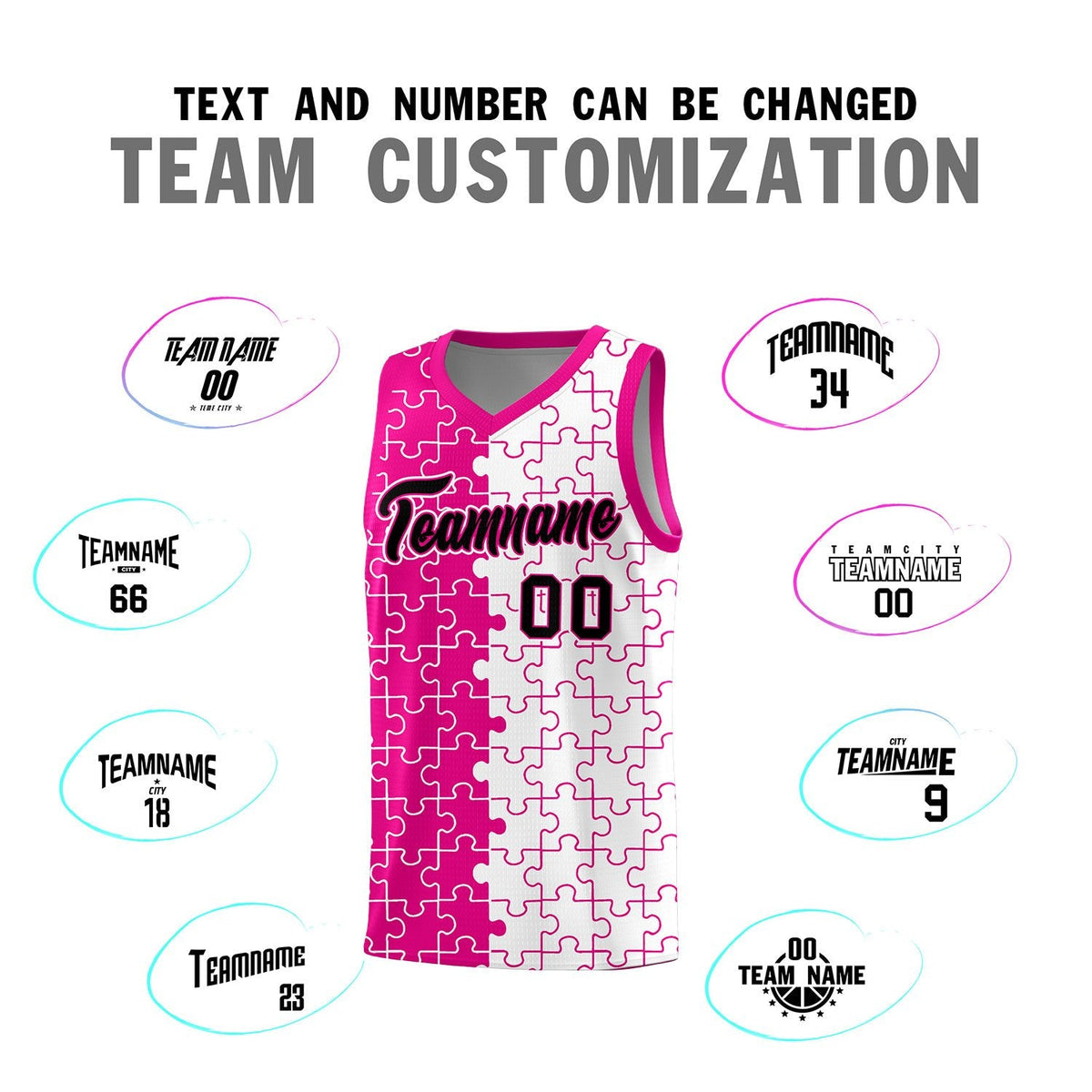 Custom Youth Basketball Jersey Pink White Puzzle Pattern Personalized Team Uniform