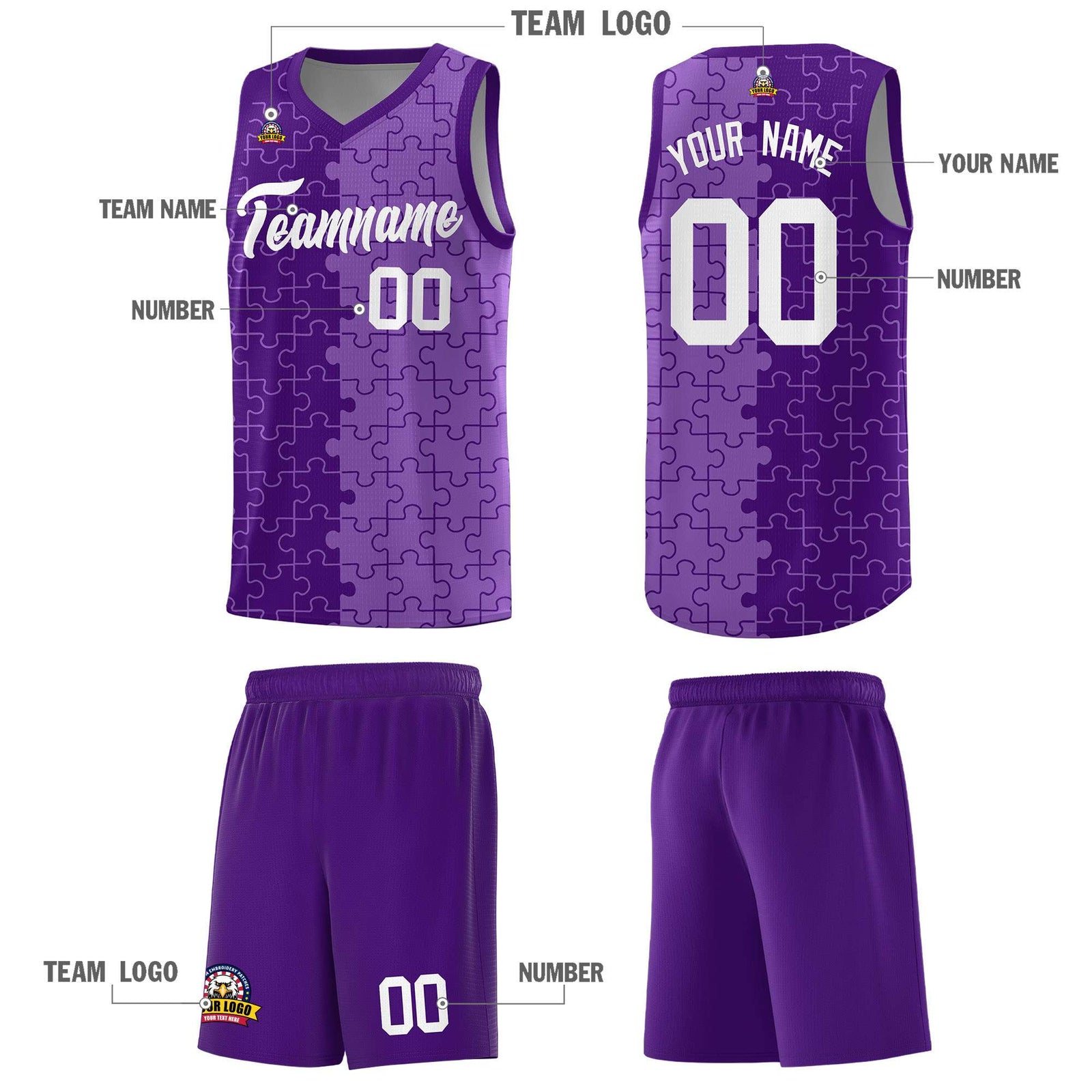 Custom Youth Basketball Jersey Purple Light Purple Puzzle Pattern Add Name, Number & Team Logo