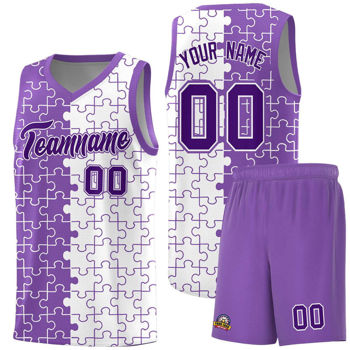 Custom Youth Basketball Jersey Light Purple White Puzzle Pattern Breathable Team Uniform