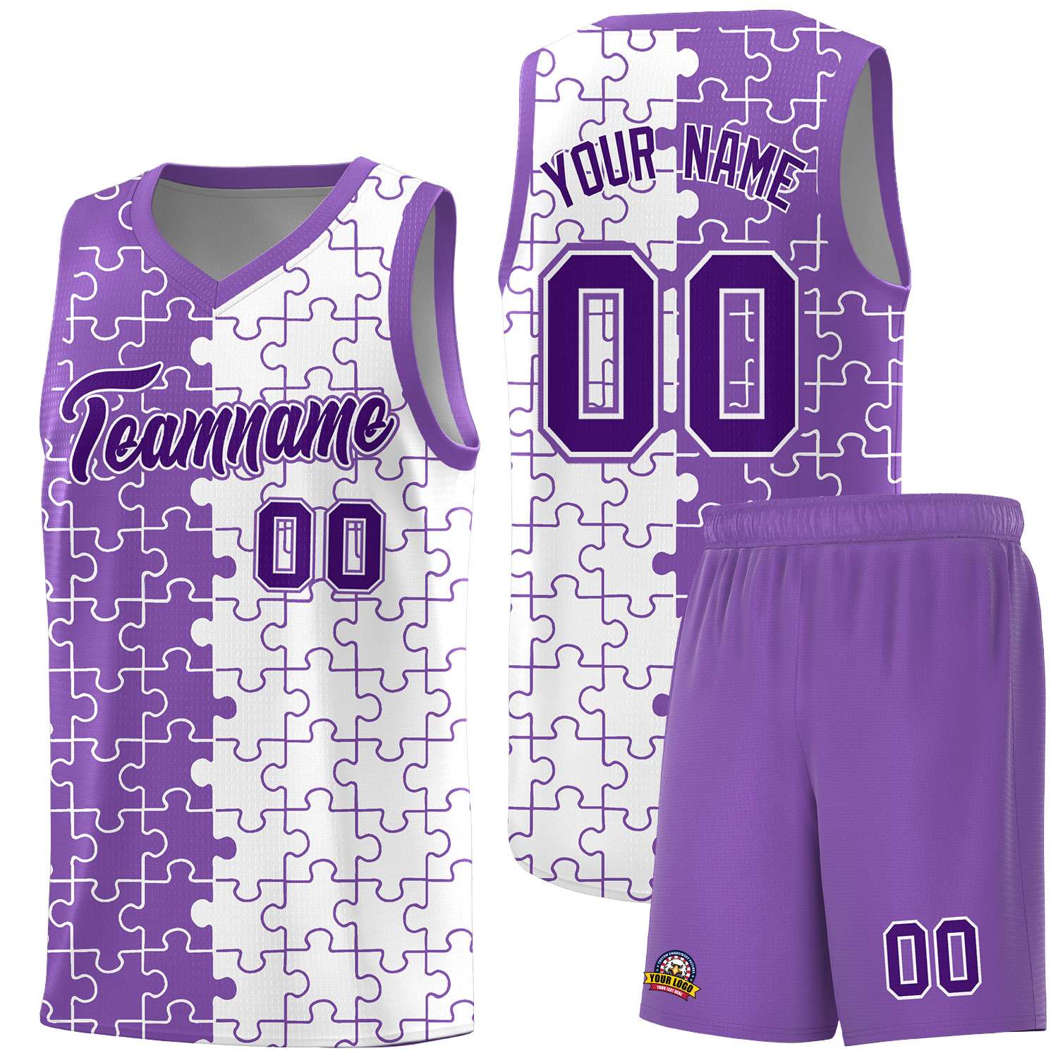 Custom Youth Basketball Jersey Light Purple White Puzzle Pattern Breathable Team Uniform