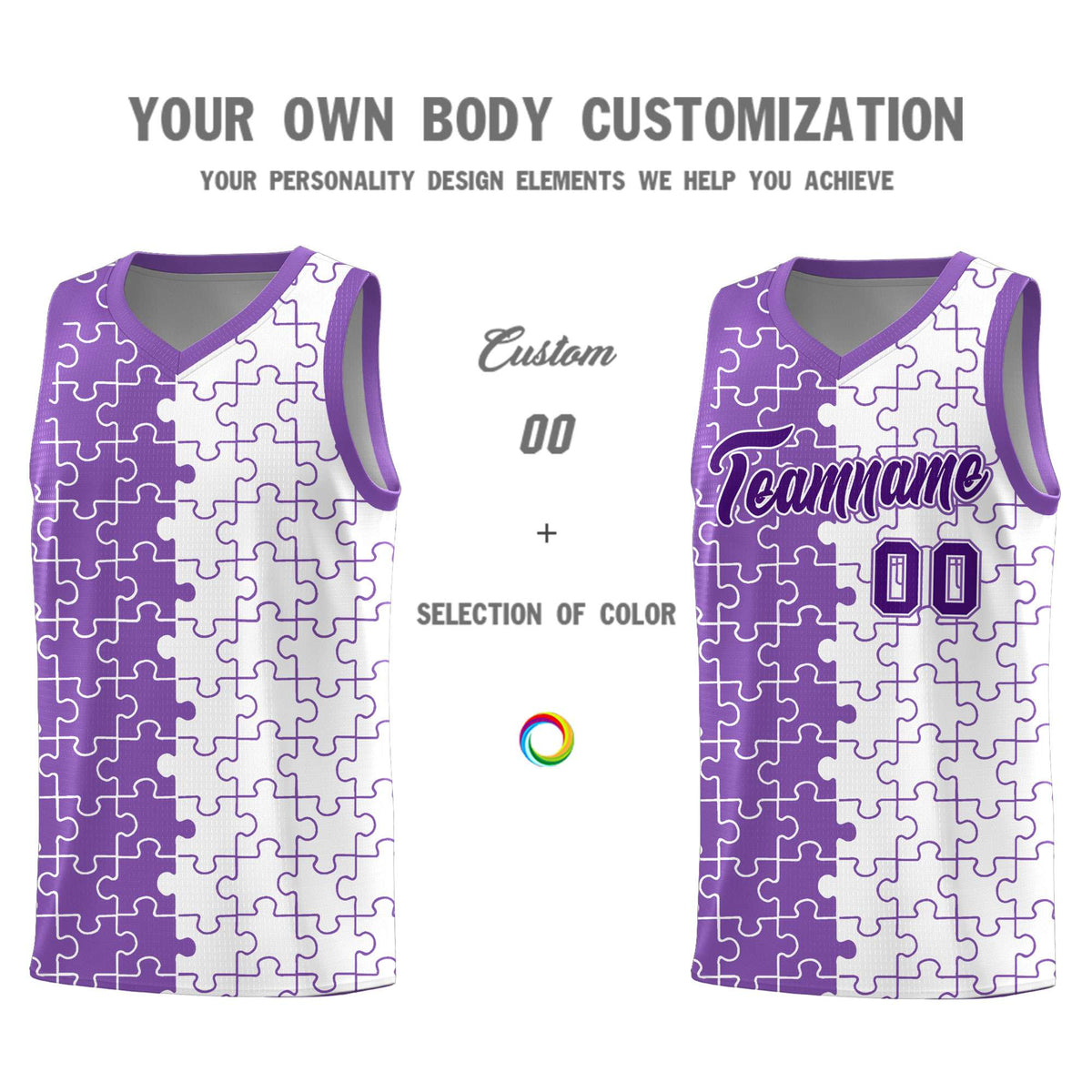 Custom Youth Basketball Jersey Light Purple White Puzzle Pattern Breathable Team Uniform