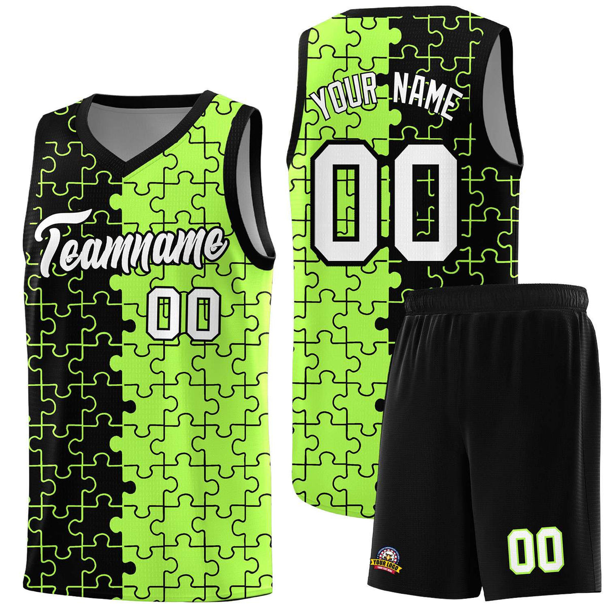 Custom Youth Basketball Jersey Black Puzzle Pattern Moisture-Wicking Team Uniform
