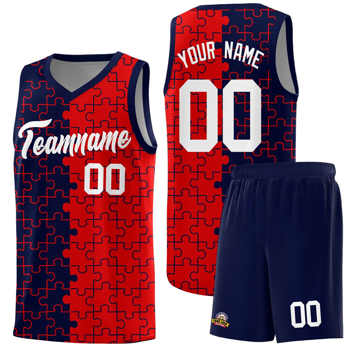 Custom Youth Basketball Jersey Navy Red Puzzle Pattern Personalized Team Uniform