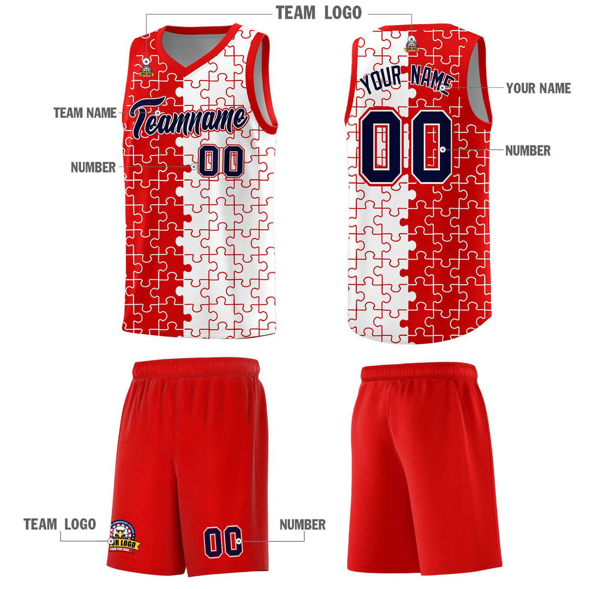 Custom Youth Basketball Jersey Red White Puzzle Pattern Add Name, Number &amp; Team Logo