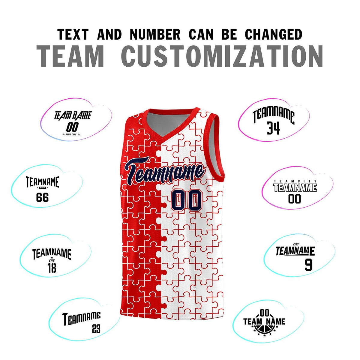 Custom Youth Basketball Jersey Red White Puzzle Pattern Add Name, Number &amp; Team Logo