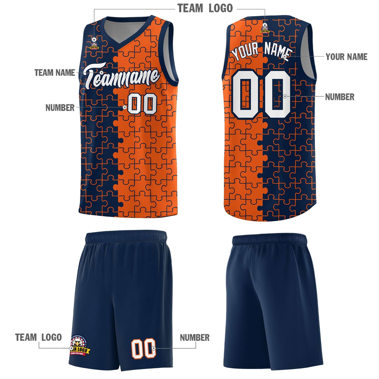 Custom Youth Basketball Jersey Navy Orange Puzzle Pattern Breathable Team Uniform