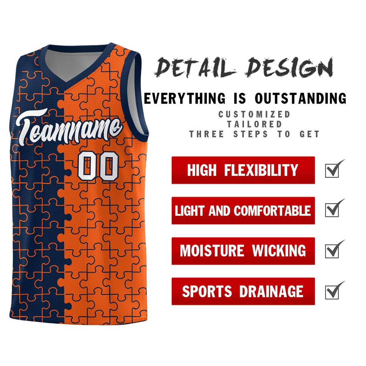 Custom Youth Basketball Jersey Navy Orange Puzzle Pattern Breathable Team Uniform