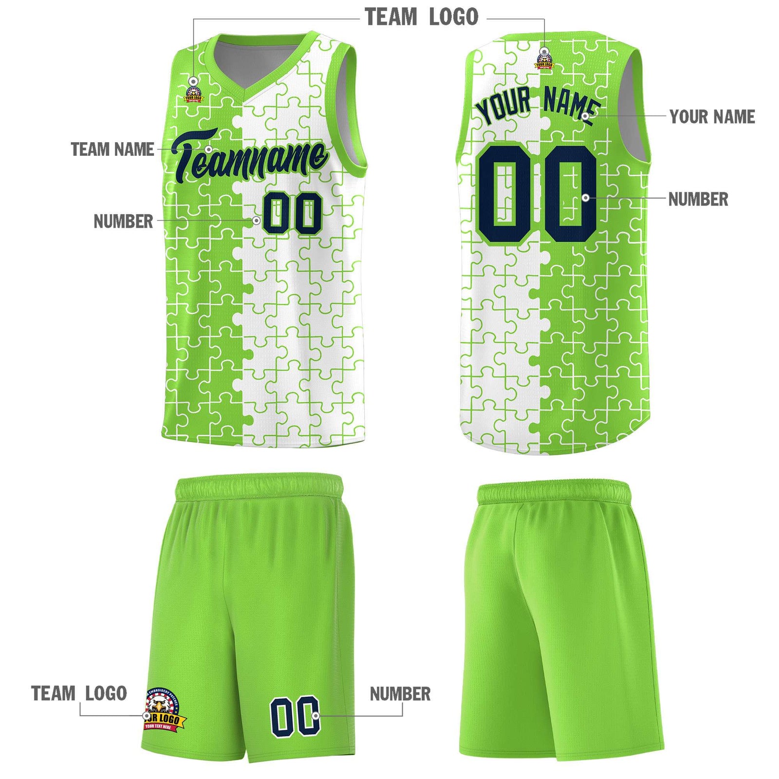 Custom Youth Basketball Jersey Fluorescent Green White Puzzle Pattern Personalized Team Uniform