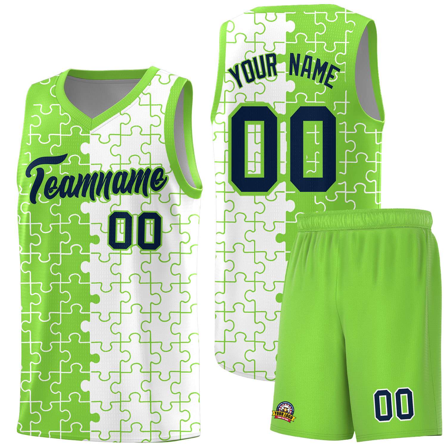 Custom Youth Basketball Jersey Fluorescent Green White Puzzle Pattern Personalized Team Uniform