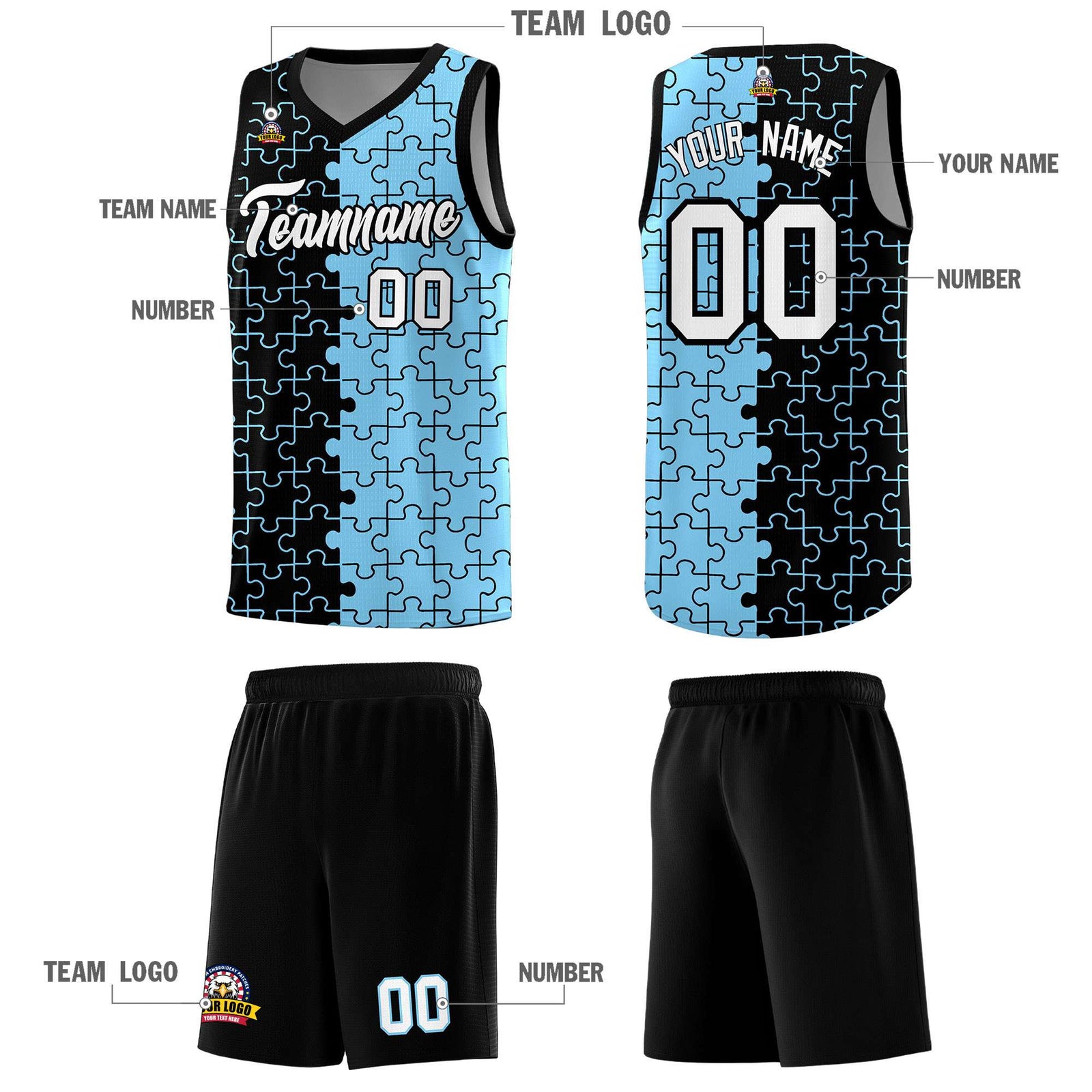 Custom Youth Basketball Jersey Black Light Blue Puzzle Pattern Add Name, Number & Team Logo