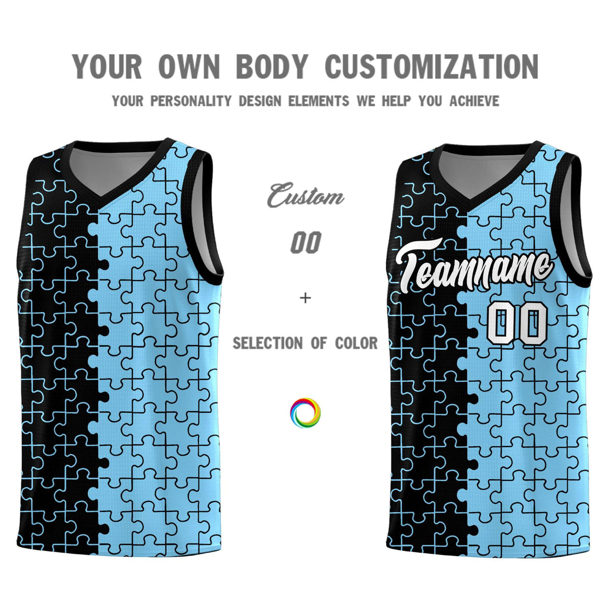 Custom Youth Basketball Jersey Black Light Blue Puzzle Pattern Add Name, Number &amp; Team Logo